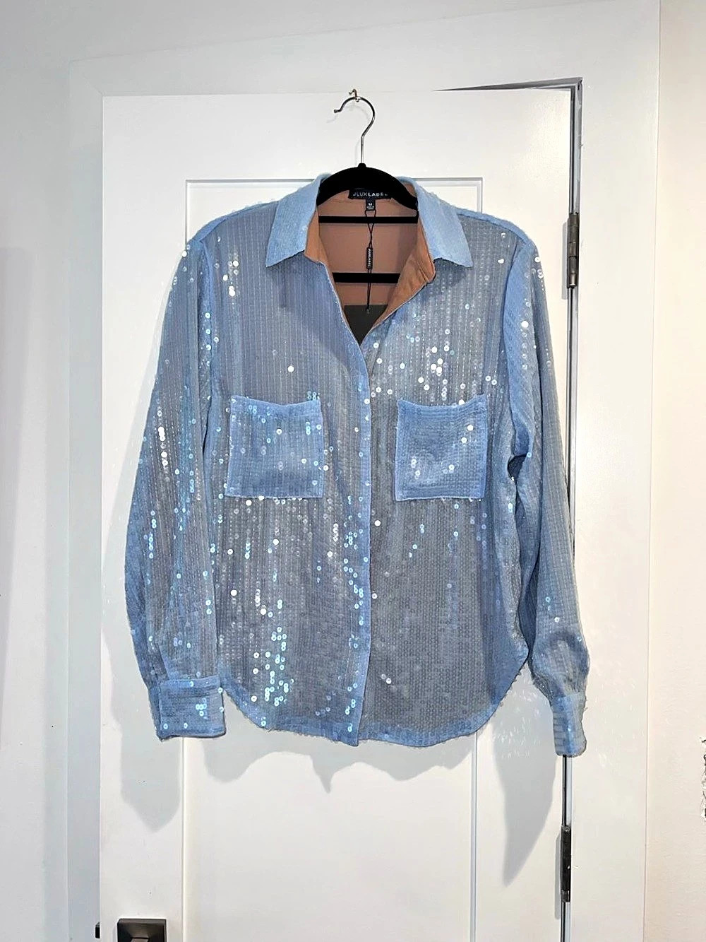 NWT J LUX LABEL Sequin Button Down Shirt in Blue Size Medium R23